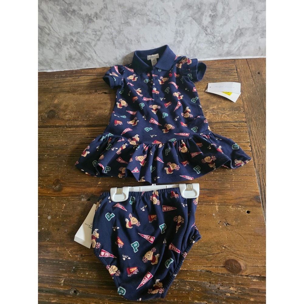 Ralph Lauren Baby Girls Navy Polo Bear Cheerleader Dress & Diaper Cover Set 12M